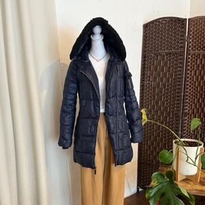 Marc New York Women's Puffer Navy Blue Ski Jacket Faux Fur Trim Hood Size XS